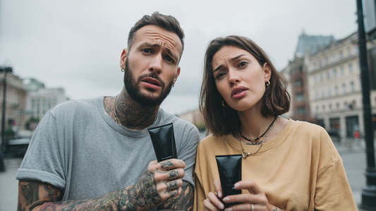 A couple standing together holding a black tube.