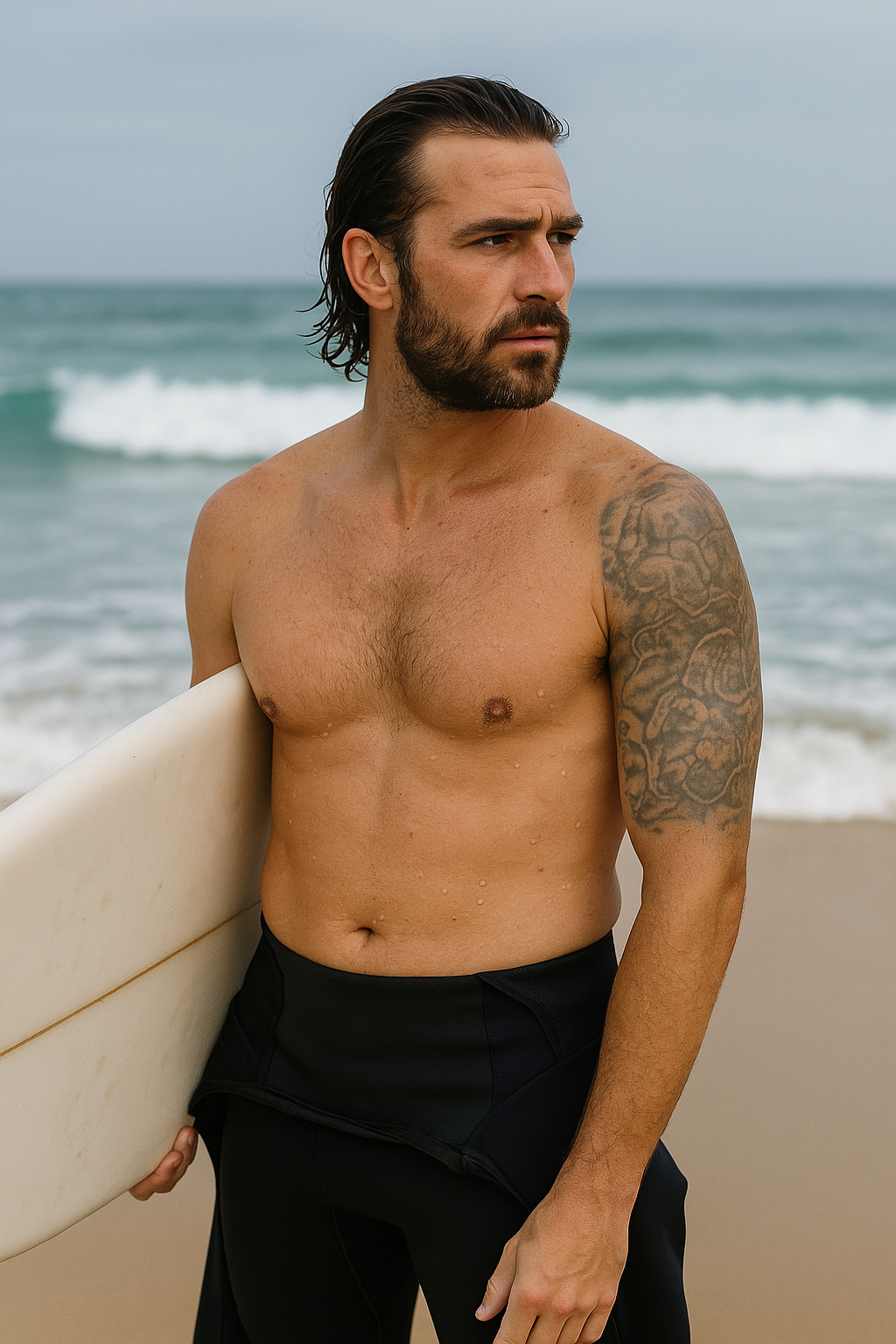 A man standing on the beach holding a surfboard, displaying his tattoos.
