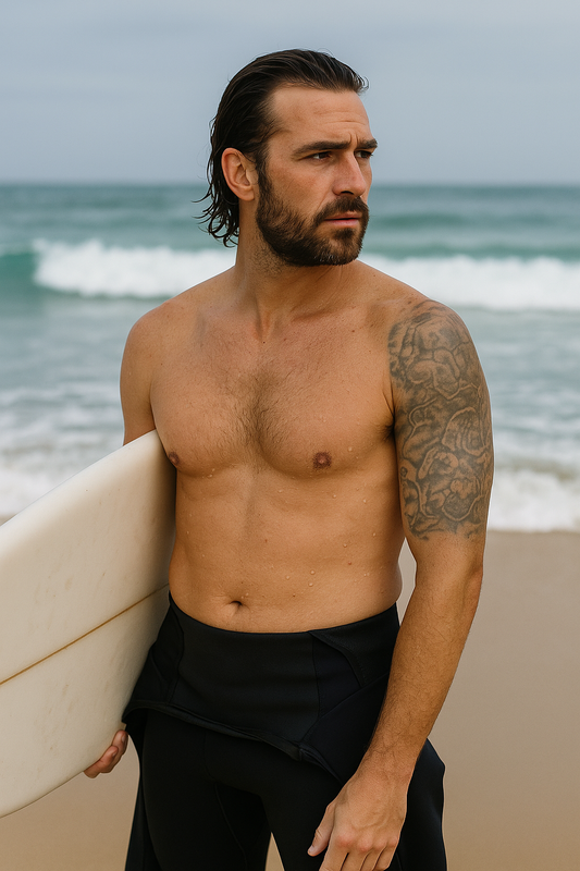 A man standing on the beach holding a surfboard, displaying his tattoos.