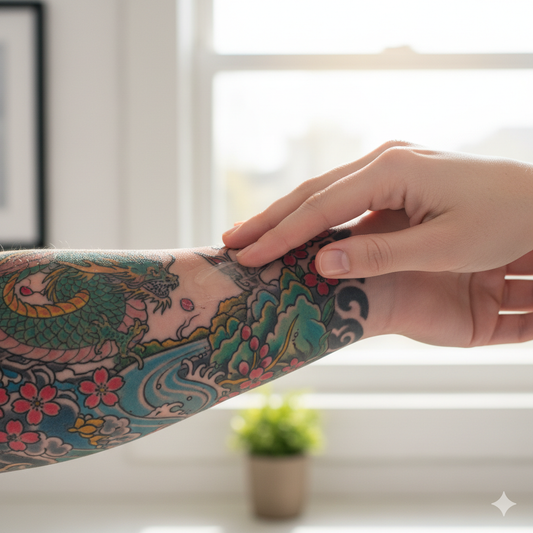 A close-up of a person applying cream to a new, colorful arm tattoo in a bright, clean setting.