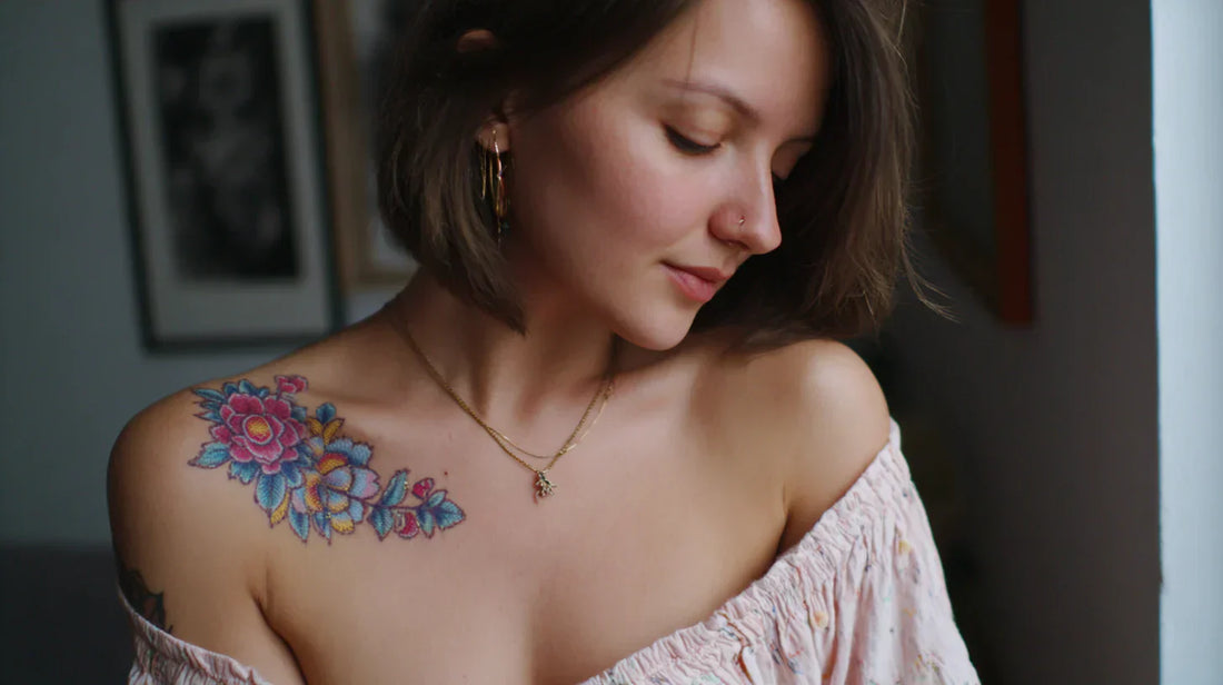 A girl showing her embroidery tattoo on her shoulder