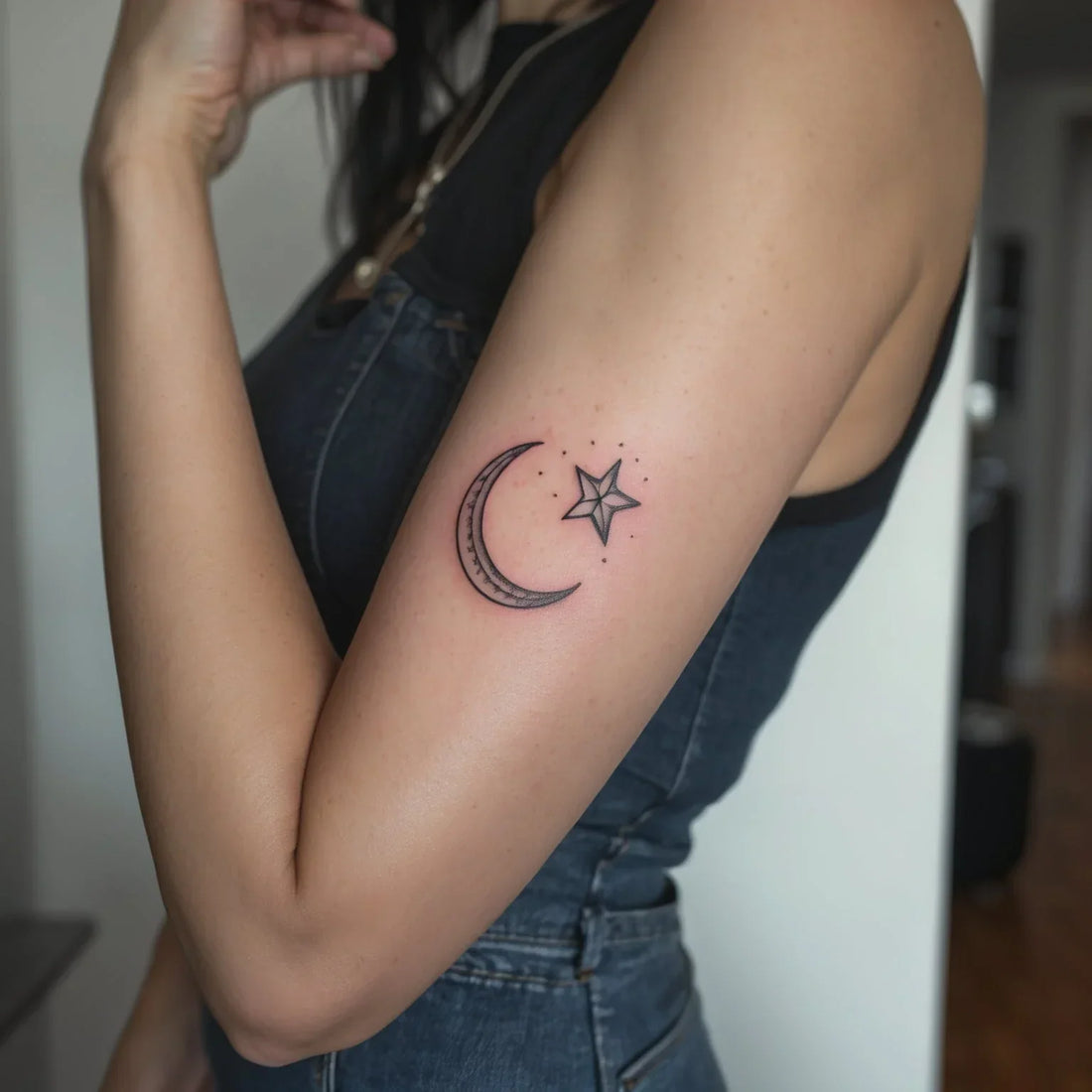 A girl showing her fine line tattoo on her arm