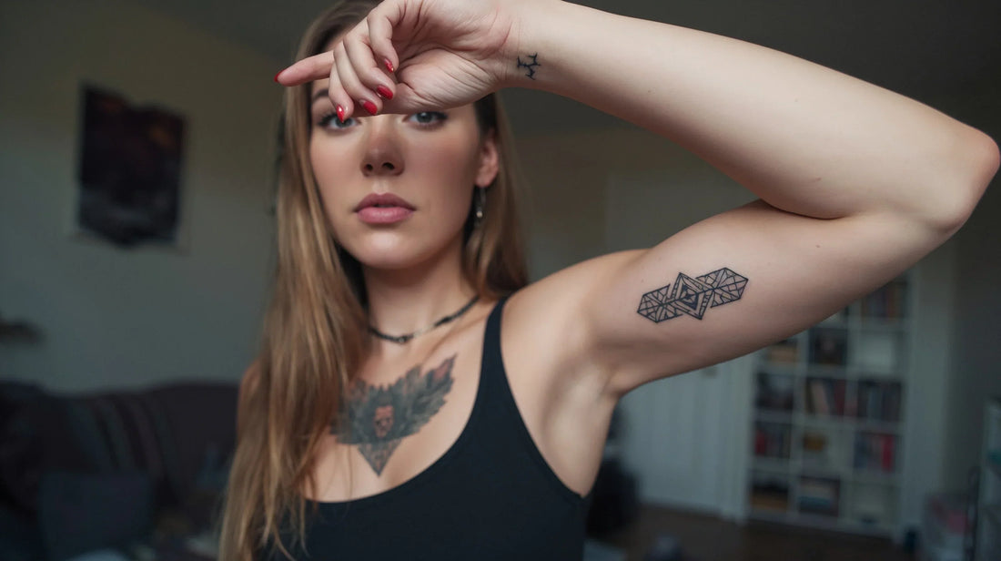 A girl showing her geometric tattoos on her arm