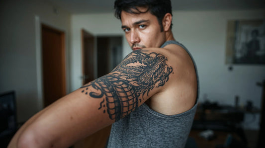 A man showing his irezumi traditional Japanese tattoo on his arm