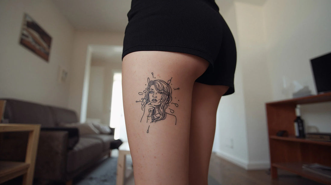 A girl showing her sketch style tattoo on her leg
