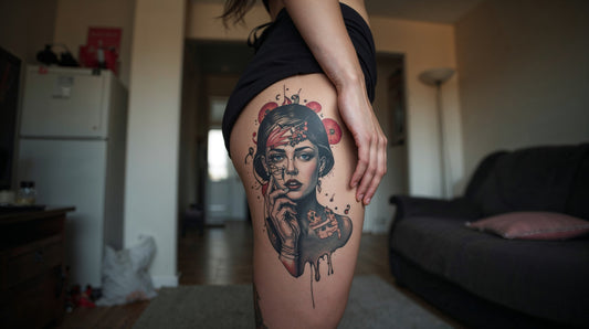 A girl showing her tattoo on her thigh.