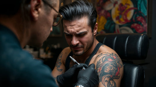 A tattoo artist working on a person's arm.