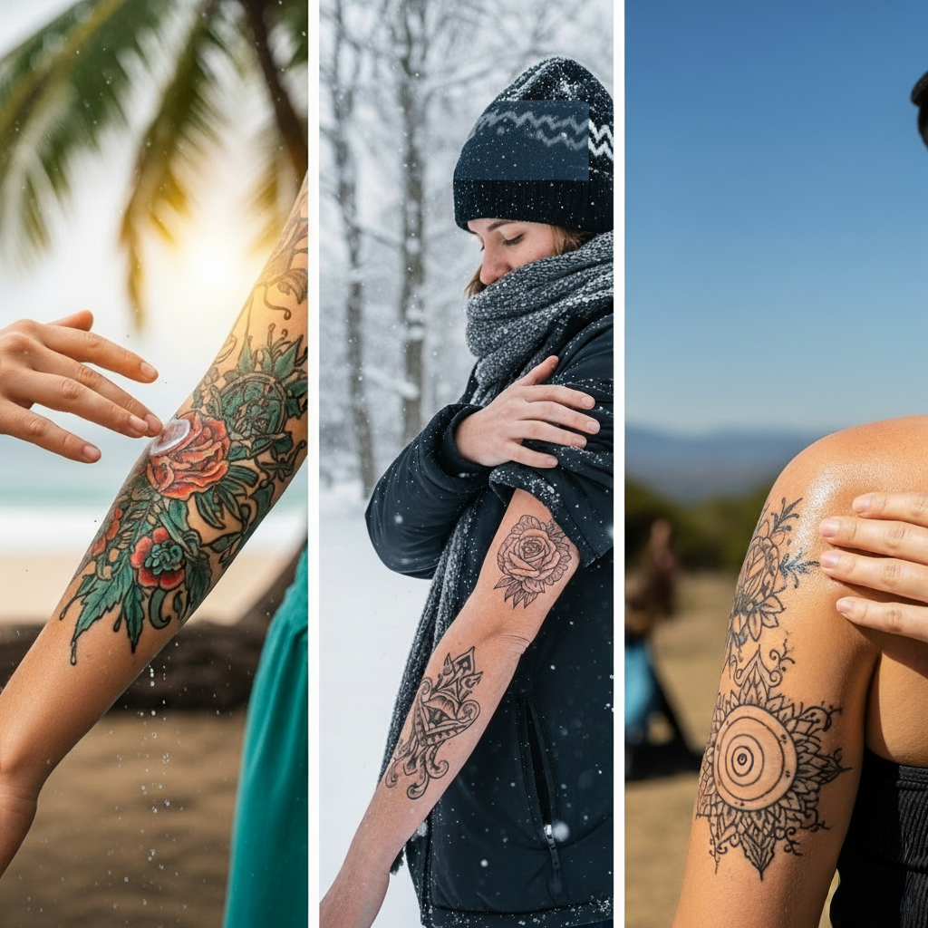 Three different pictures, each depicting a different type of weather.