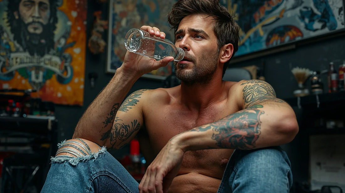 A man staying hydrated as part of how to prepare for a tattoo and keep his skin healthy before the session.
