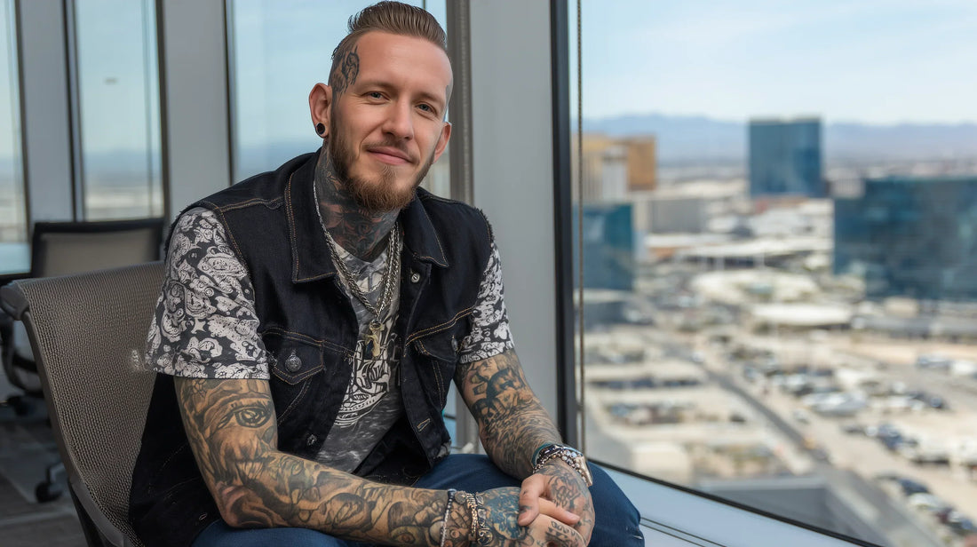 Man sitting at home, displaying his tattoos on arms